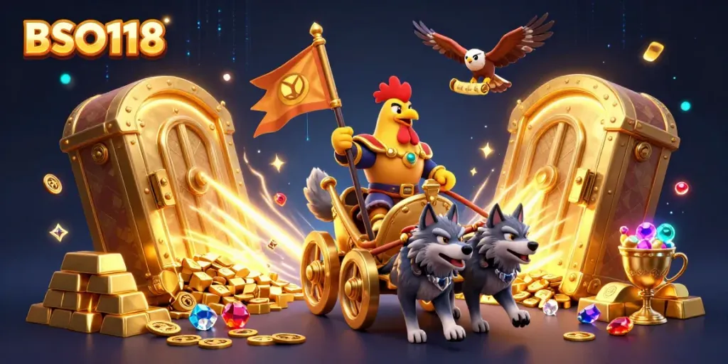 Engage in winning strategies at BSO118 with a golden war chariot scene illuminating treasure.