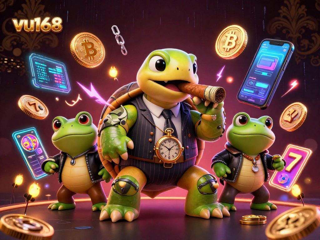 Experience thrilling gaming at vu168 with a vibrant illustration showcasing a turtle mobster and frog enforcers amidst glowing crypto coins.
