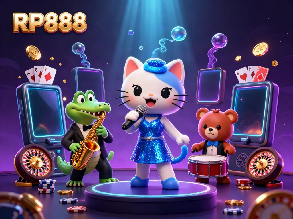 Engage with RP888's vibrant casino world featuring a jazz-singer cat, saxophone crocodile, and drum bear.