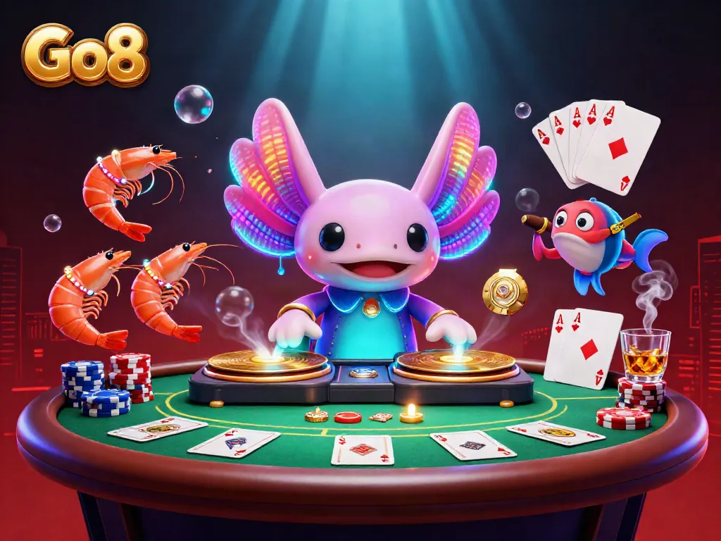 Go8-themed vibrant casino scene featuring neon axolotl DJ and poker elements.