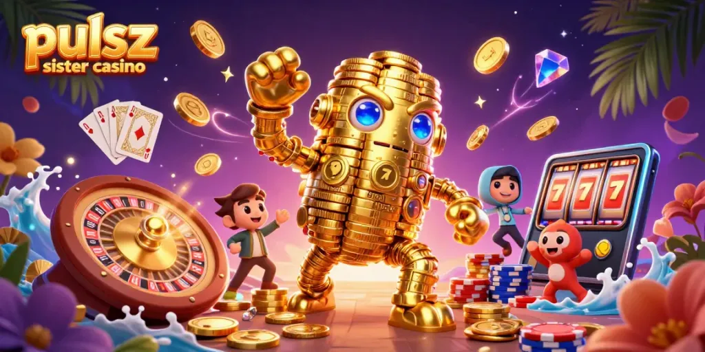 Pulsz sister casino features vibrant 3D golden golem and spinning roulette in an engaging casino scene.