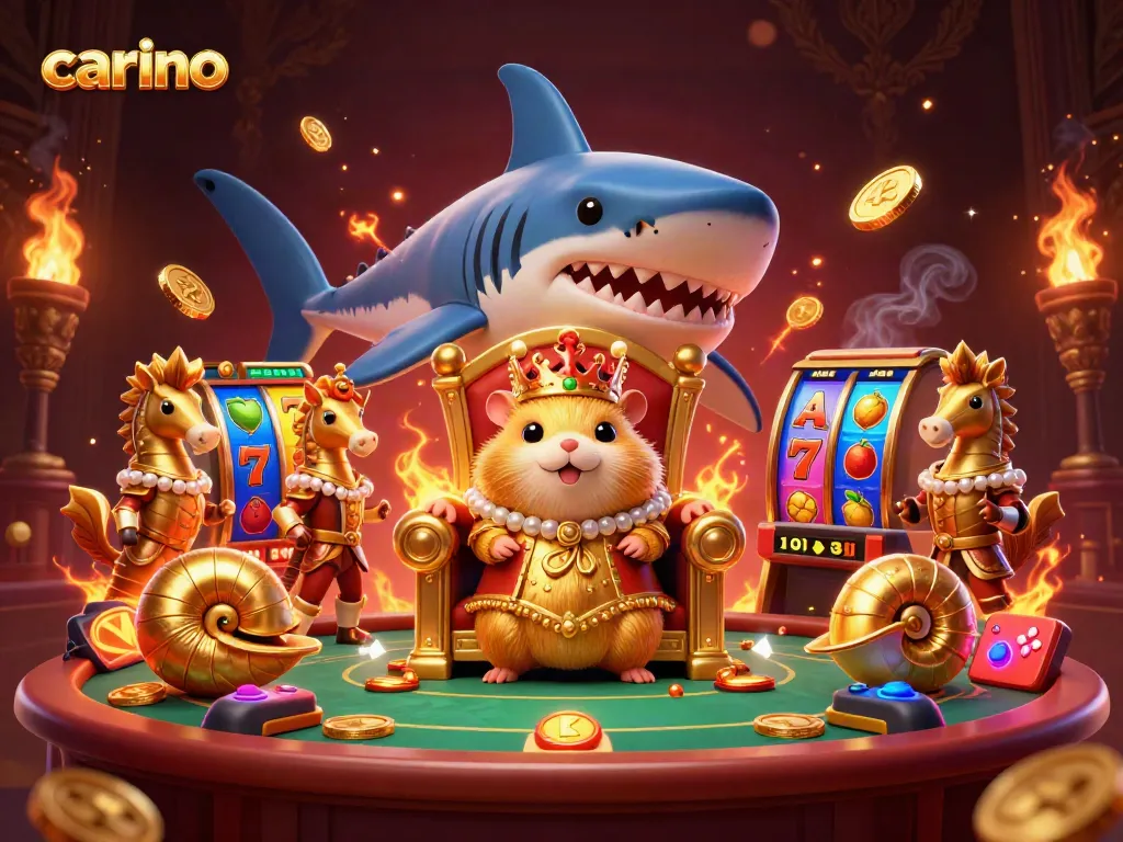 Experience the vibrant casino atmosphere in Carino, featuring a hamster king in a gold throne among lively game elements.