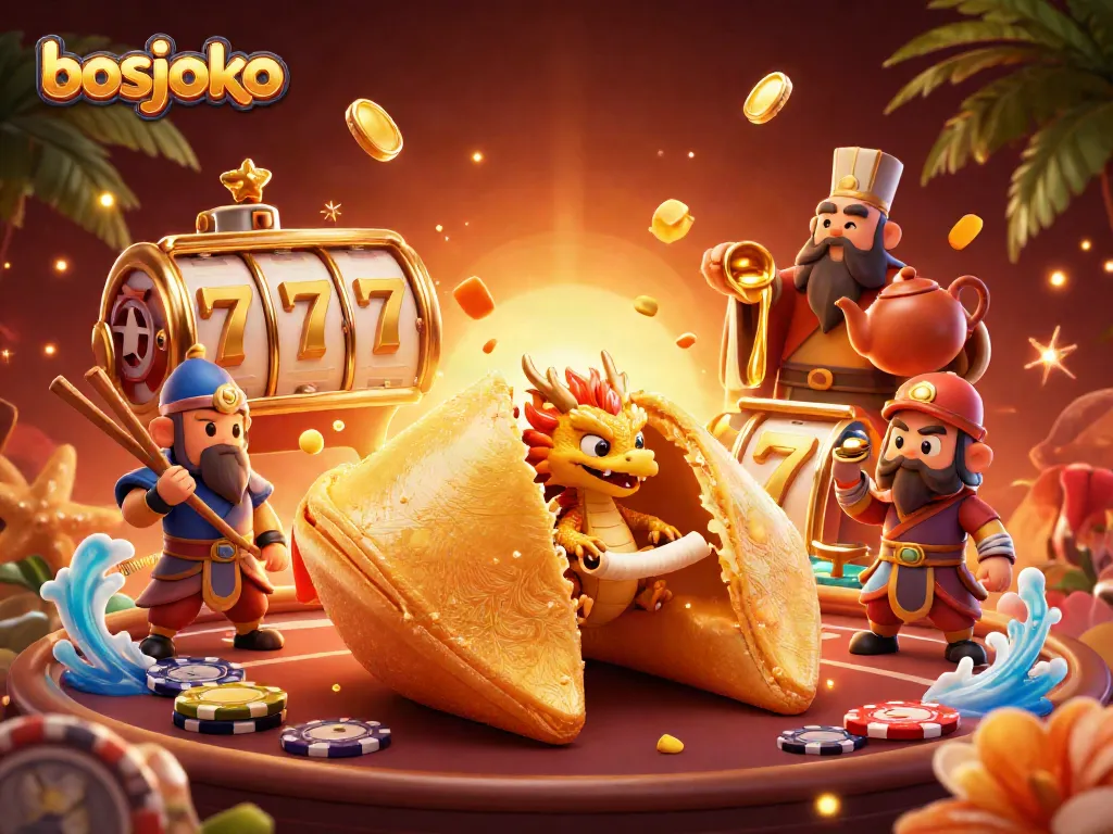 Experience the excitement of bosjoko with a vibrant 3D illustration of fortunes and casino elements.