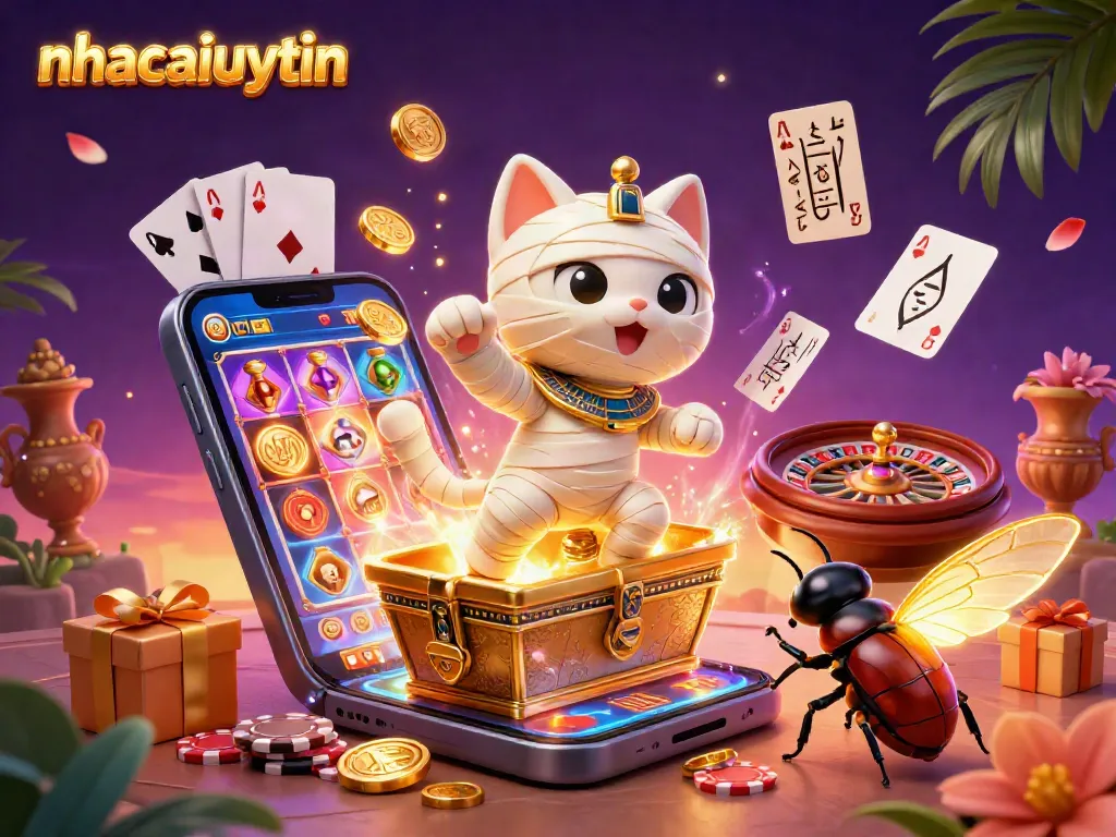 Spin to win with nhacaiuytin as the mummy cat and scarab beetle animate a vibrant casino scene.