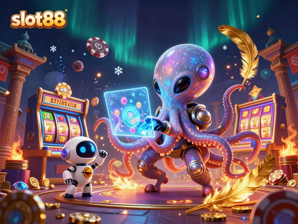 Slot88 menampilkan oktopus alien 3D dalam suasana kasino yang ramai dan menarik.