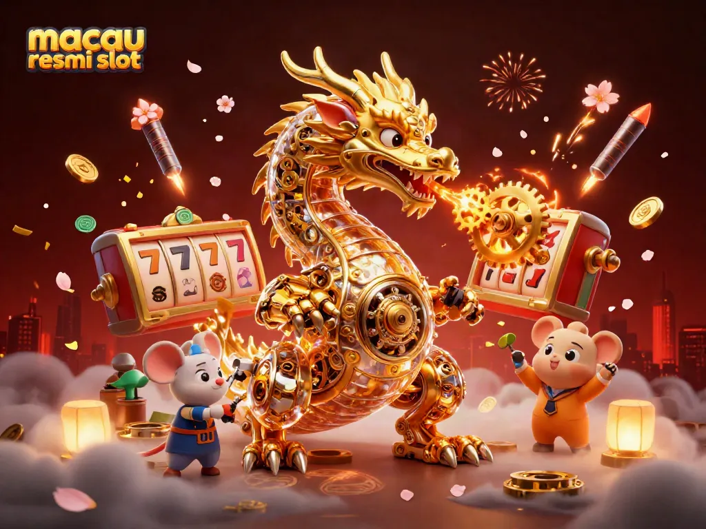 Mengakses macau resmi slot dengan karakter naga emas dan elemen mesin slot memikat dalam suasana kasino yang dinamis.
