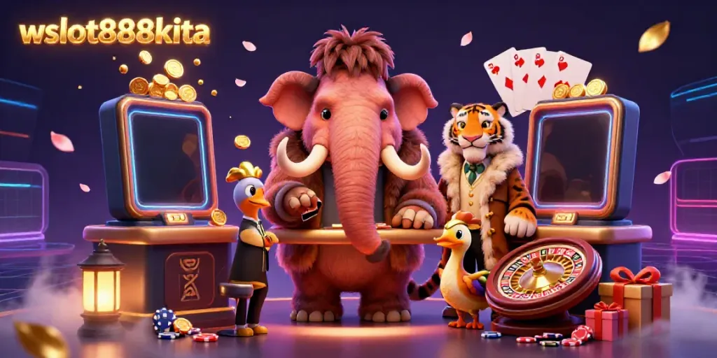 Menang bermain slot dengan wslot888kita, ilustrasi 3D bouncer kasino dan tamu VIP di luar pintu.
