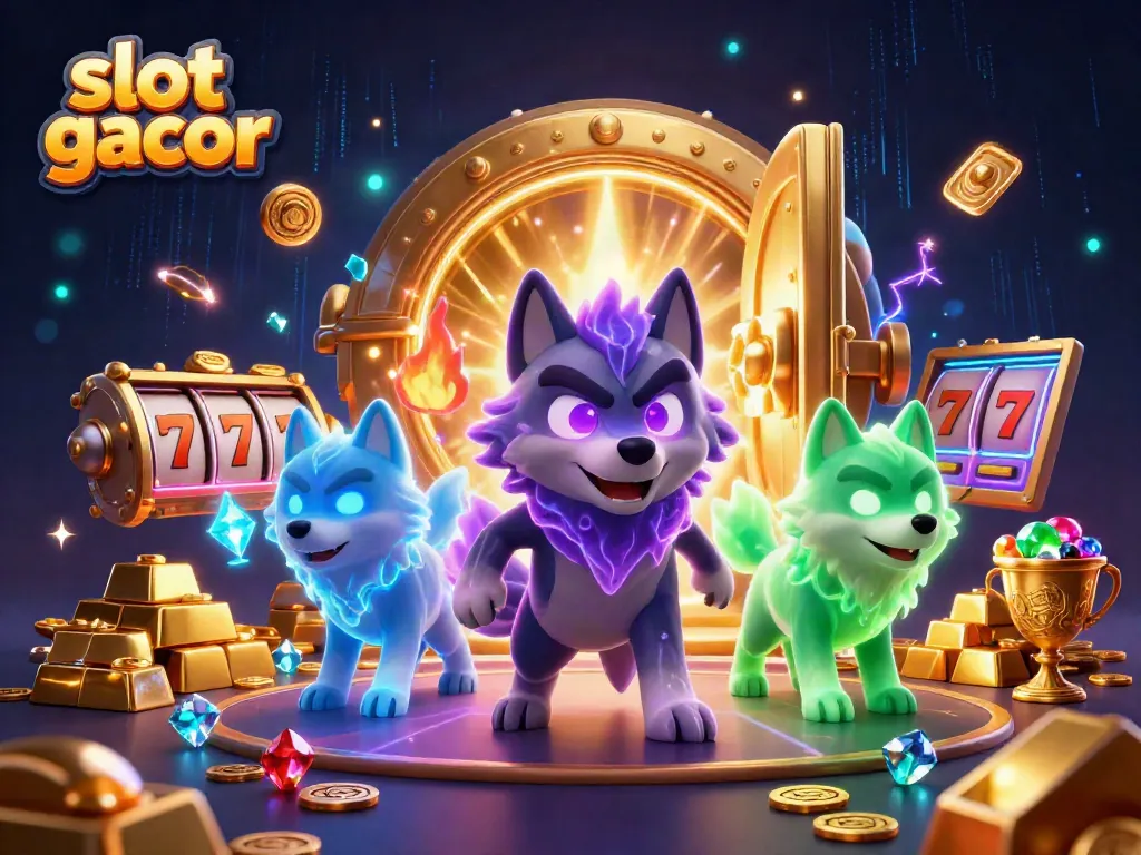 Engaging scene of slot gacor experience with mystical wolves and treasure elements.