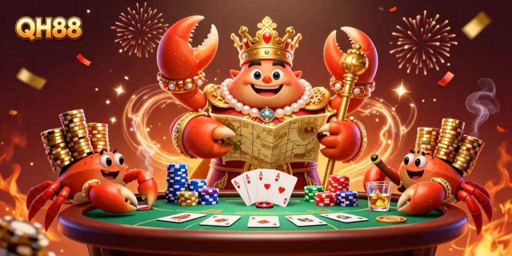 Engage in the exciting QH88 casino experience with a vibrant 3D illustration showcasing poker and prizes.