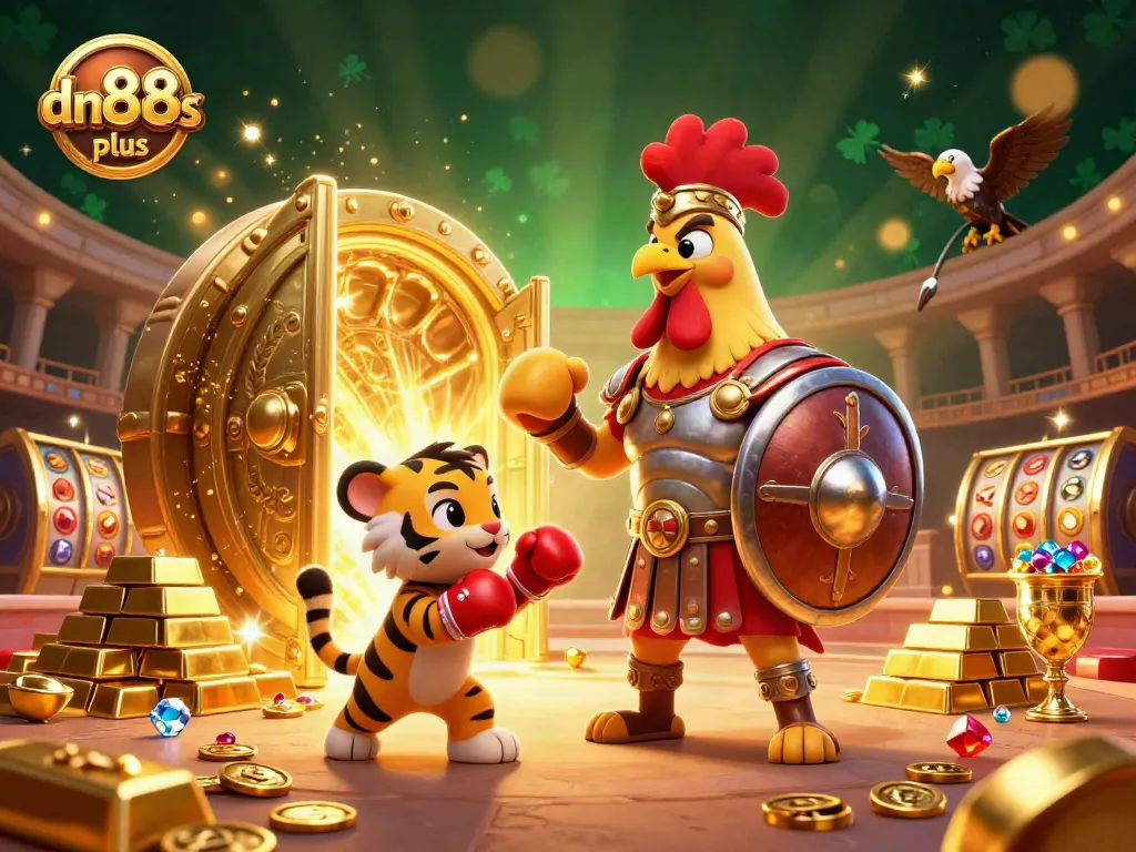 Experience exciting gaming action at dn88plus with our vibrant 3D casino scene featuring a rooster and treasure details.