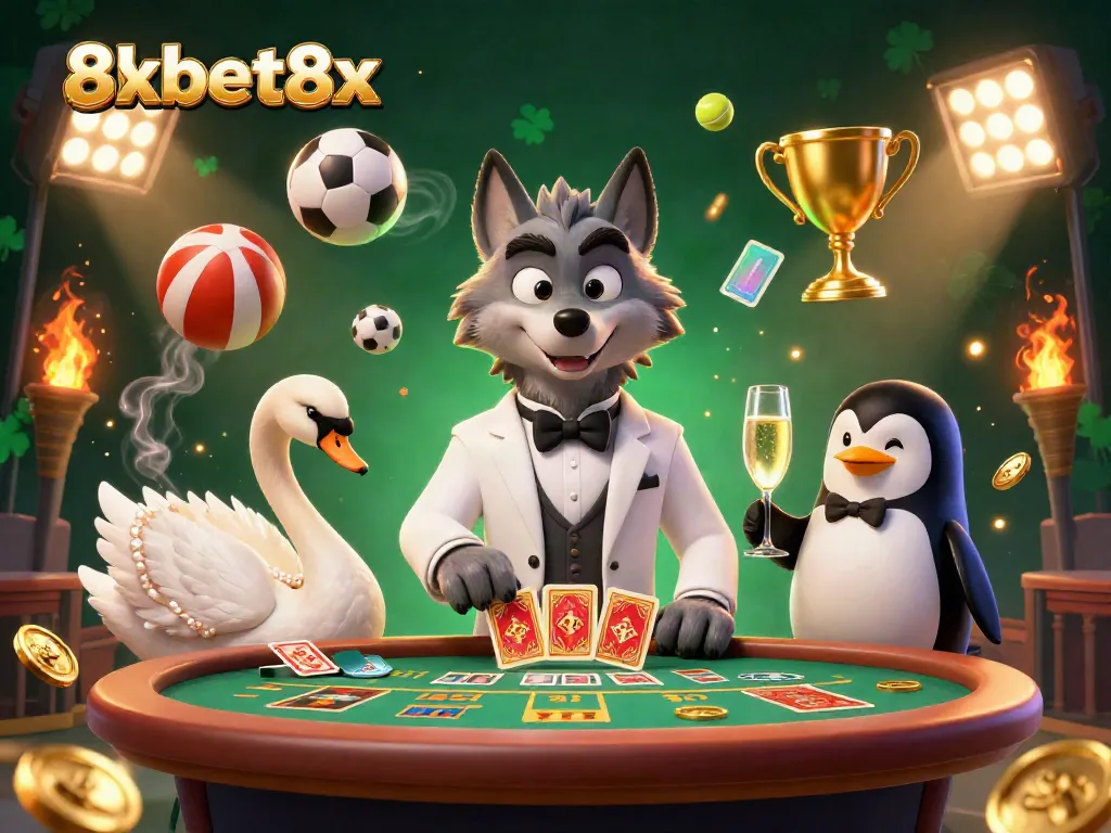 Experience thrilling action as the debonair wolf takes center stage at 8xbet8x's baccarat table, alongside a card-dealing swan and a presenting penguin.