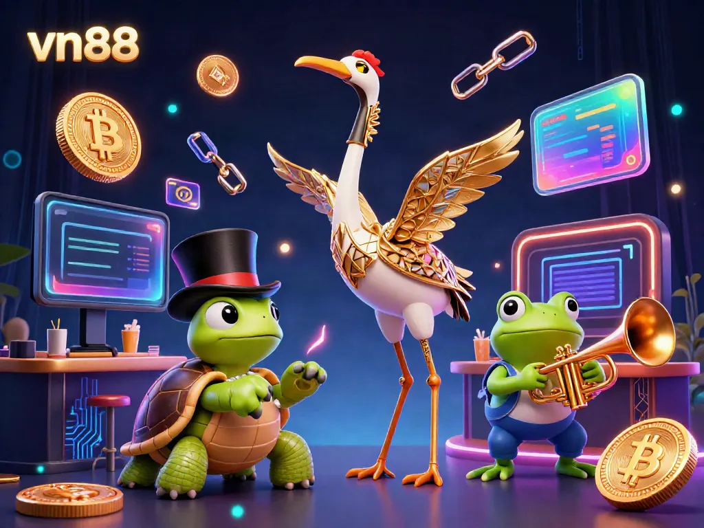 Experience thrilling action at VN88 with vibrant animated casino characters and glowing crypto elements in a rich digital scene.