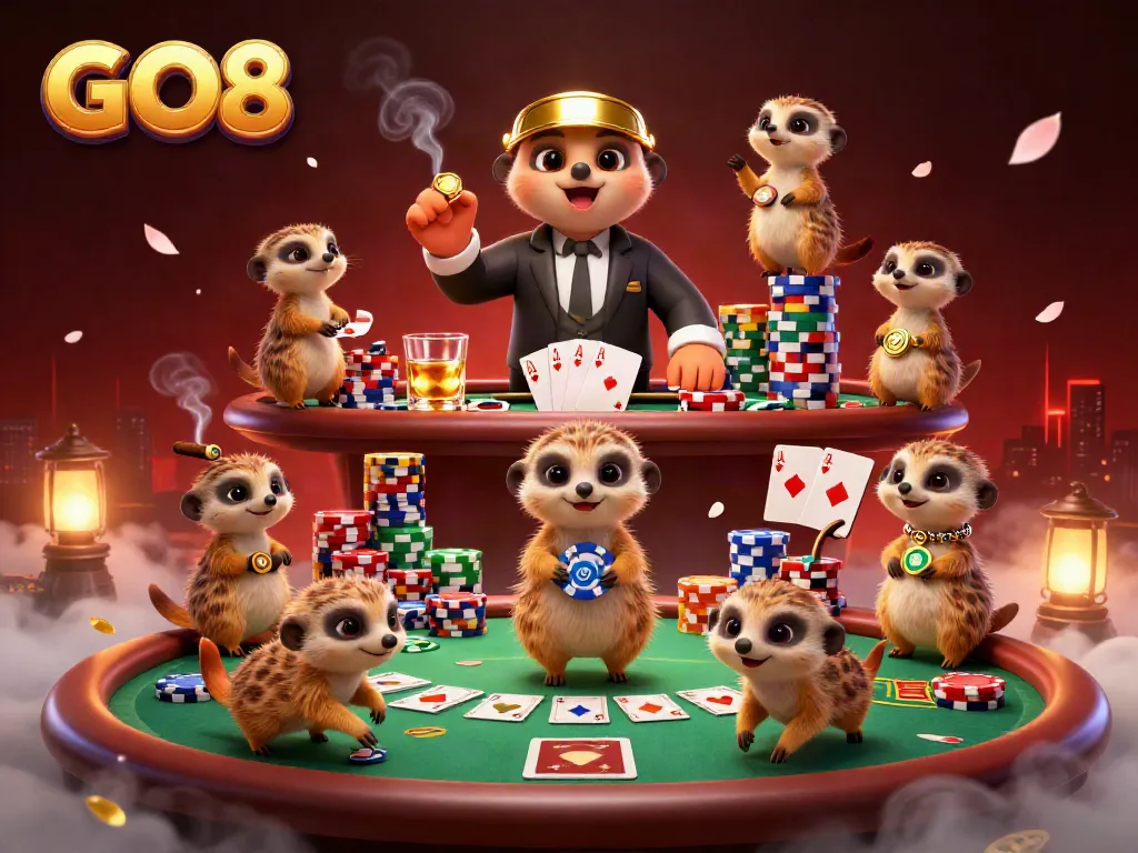 GO8 meerkats engage in a dynamic casino scene, showcasing vibrant poker elements and animated action.