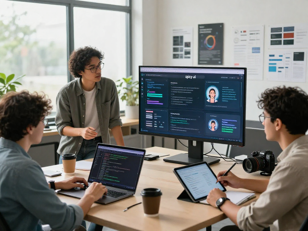 Team collaborating in a tech workspace showcasing spicy ai innovations through interactive screens, laptops, and modern decor.