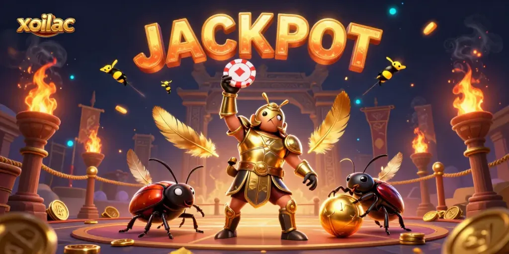 Xoilac's 3D illustration showcases a beetle hero lifting a poker chip amidst vibrant gambling elements.