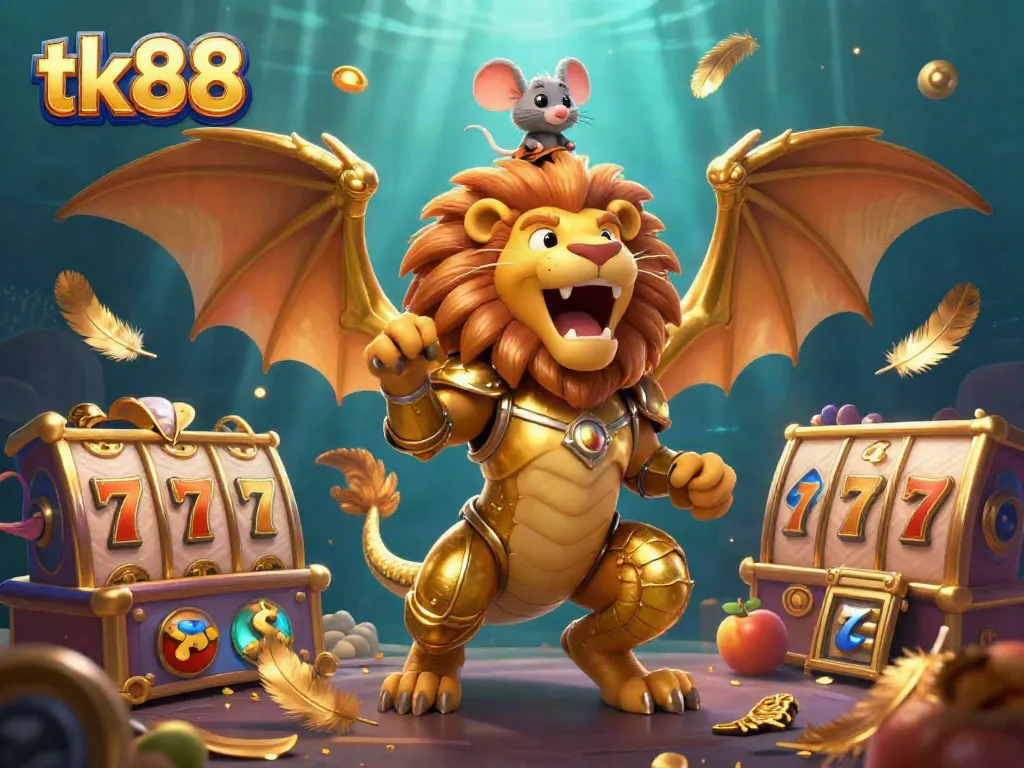Experience thrilling jackpots with tk88's vibrant 3D casino illustration featuring mythical creatures and classic gaming elements.