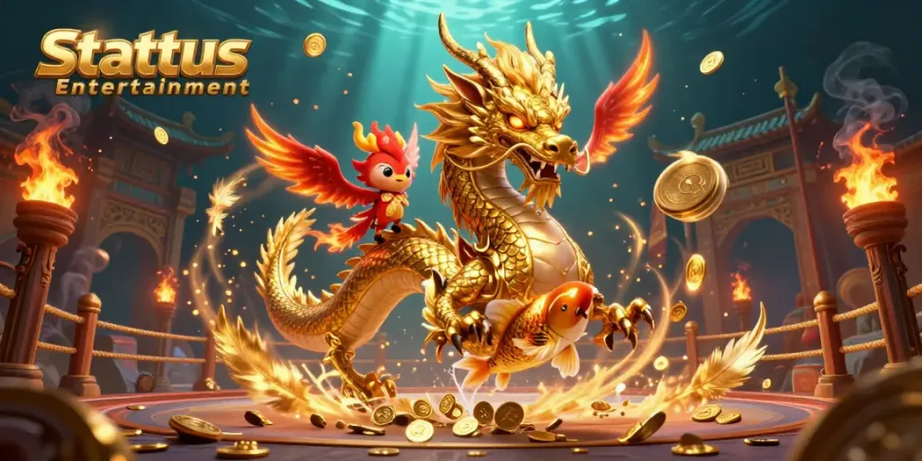 Experience the thrill of Stattus Entertainment's vibrant casino world with a dragon, phoenix, and koi fish.