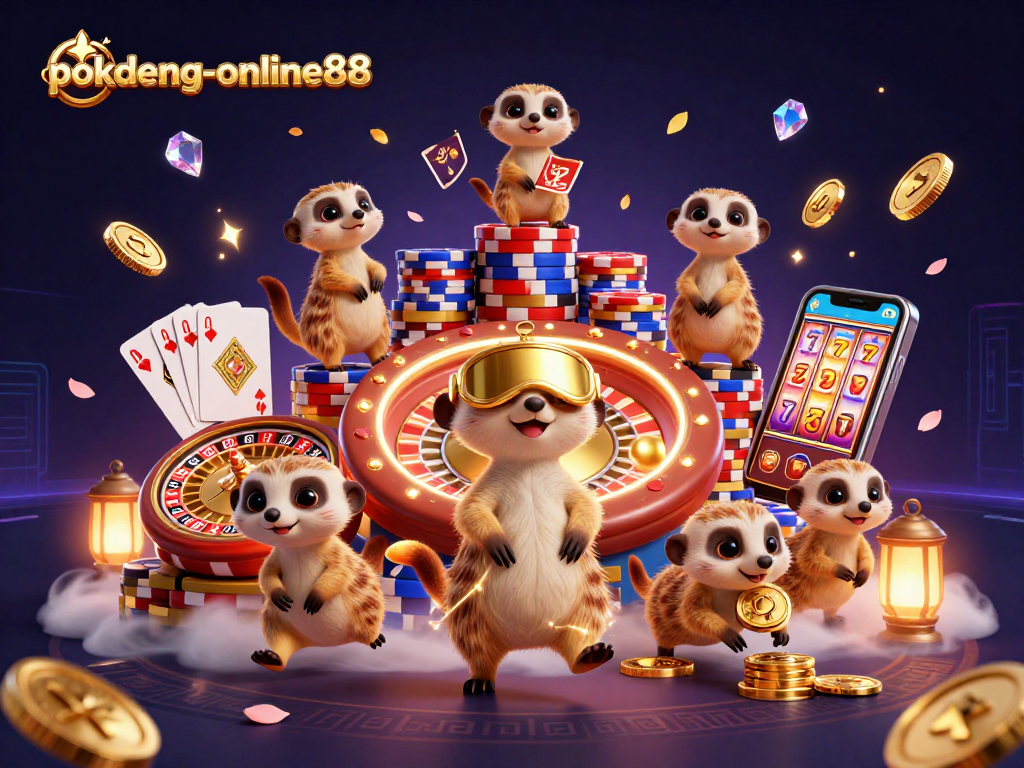 Experience thrilling action with pokdeng-online88 as meerkats manage a vibrant casino in an illustrated scene.