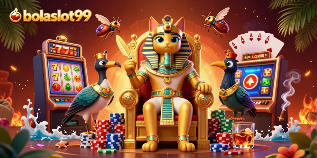 Bolaslot99 showcases a dynamic casino scene with a pharaoh cat, a scribe, and vibrant slot elements.
