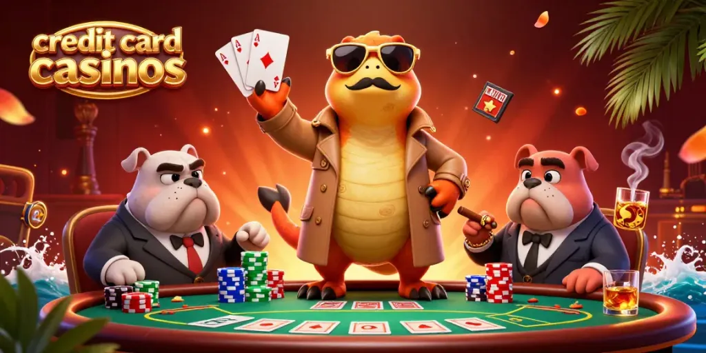 Engaging scene with raptors in trench coat at credit card casinos VIP entrance, surrounded by poker elements.