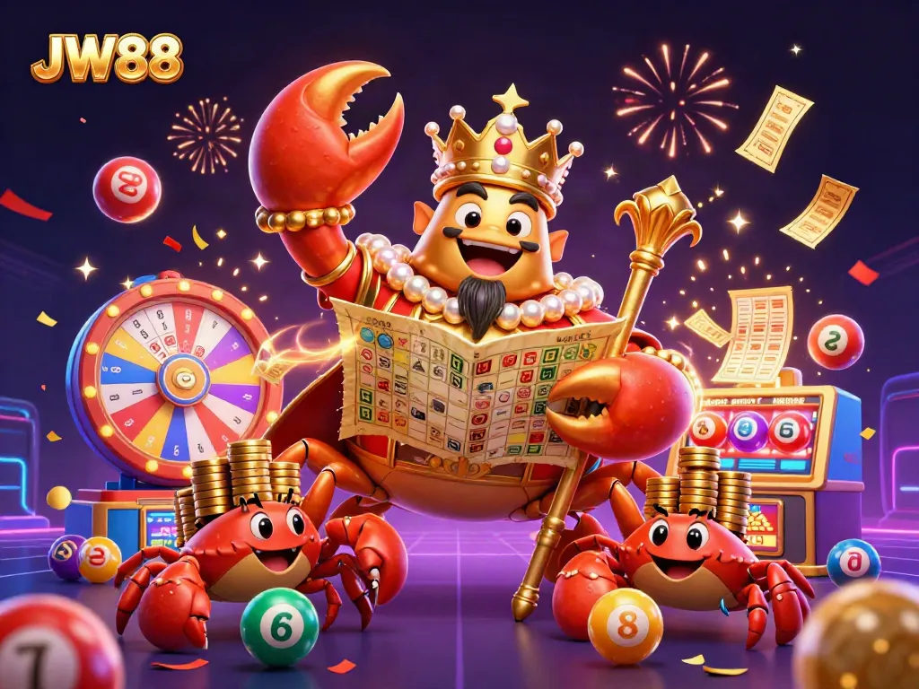 Experience JW88's vibrant gaming atmosphere featuring an emperor crab with lottery elements and celebratory confetti.