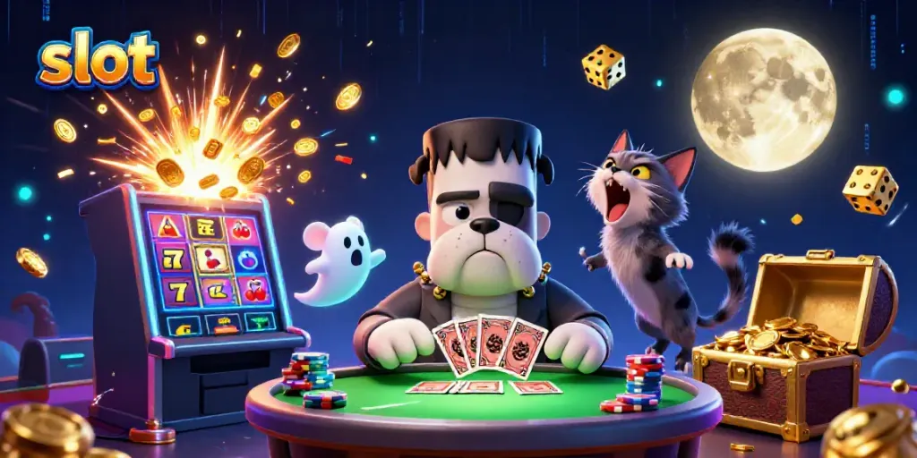 Menang di slot dengan karakter kartun 3D di meja kasino yang menyeramkan, dikelilingi simbol slot dan koin berhamburan.