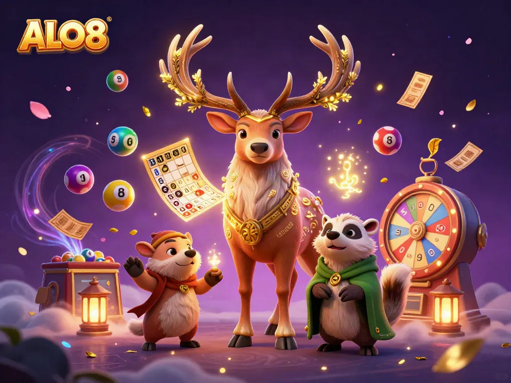 Experience ALO8's magical gaming realm with dynamic colorful lottery elements and engaging characters.