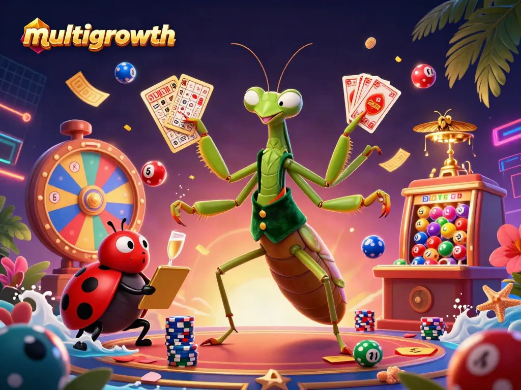 Engage with multigrowth's exciting casino scene featuring vibrant lottery elements and dynamic characters.