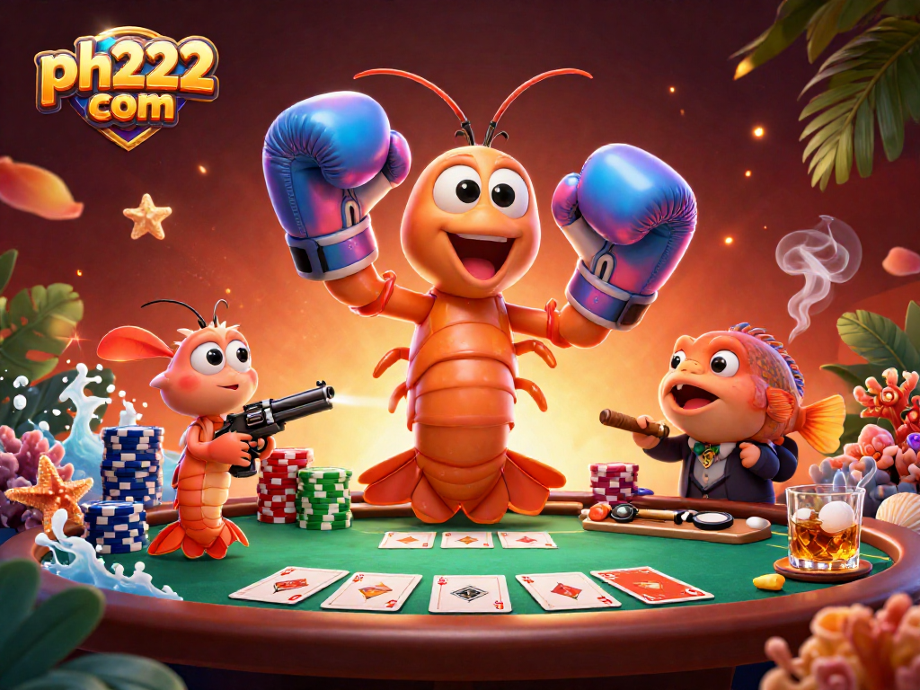 Experience high-stakes poker action with ph222 com's vibrant casino illustration featuring a mantis shrimp and friends.