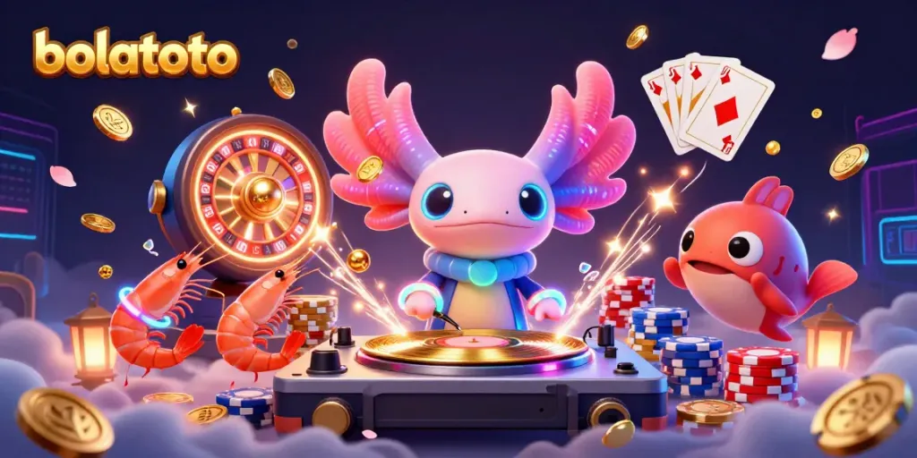 Spin to win with bolatoto in a vibrant 3D casino illustration featuring a DJ axolotl and underwater treasures.