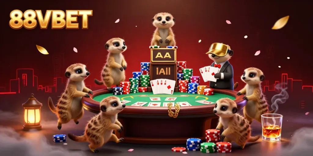 Watch meerkats operate a lively casino at 88VBET, showcasing dynamic poker action with colorful chips.