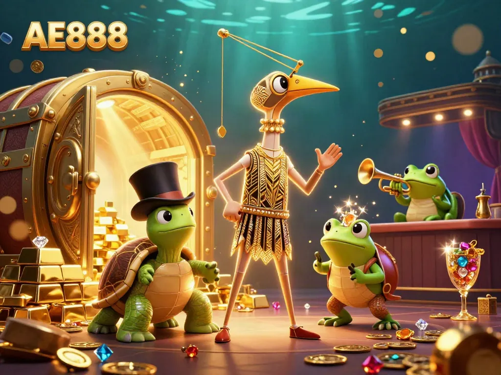 Experience the thrill of AE888 with vibrant characters and gold treasures in a captivating casino scene.
