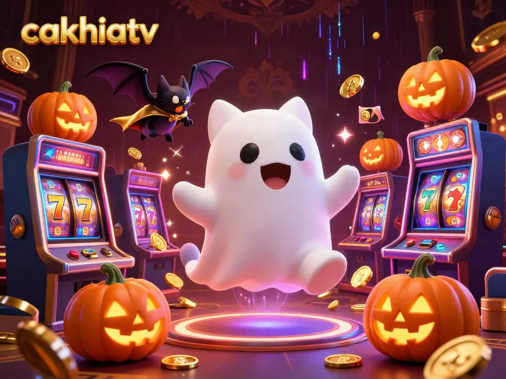 Cakhiatv showcases a dynamic casino scene featuring a ghost cat, vampire bat, and glowing jack-o-lanterns.