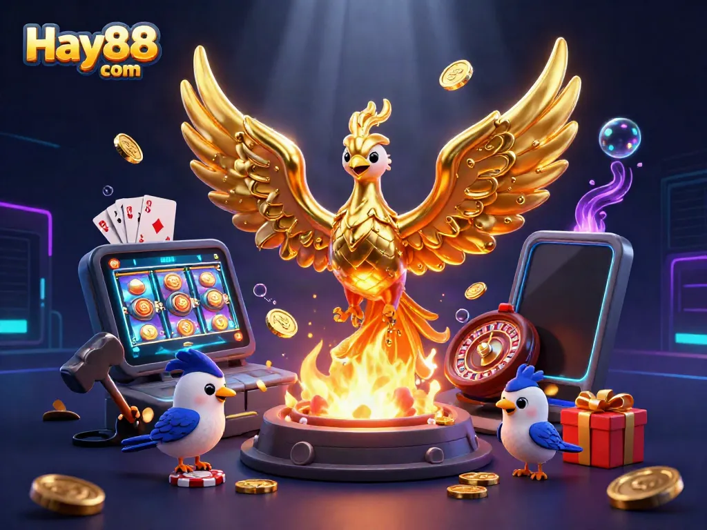 Experience the vibrant gambling world with Hay88 com, featuring a golden phoenix and exciting casino elements.