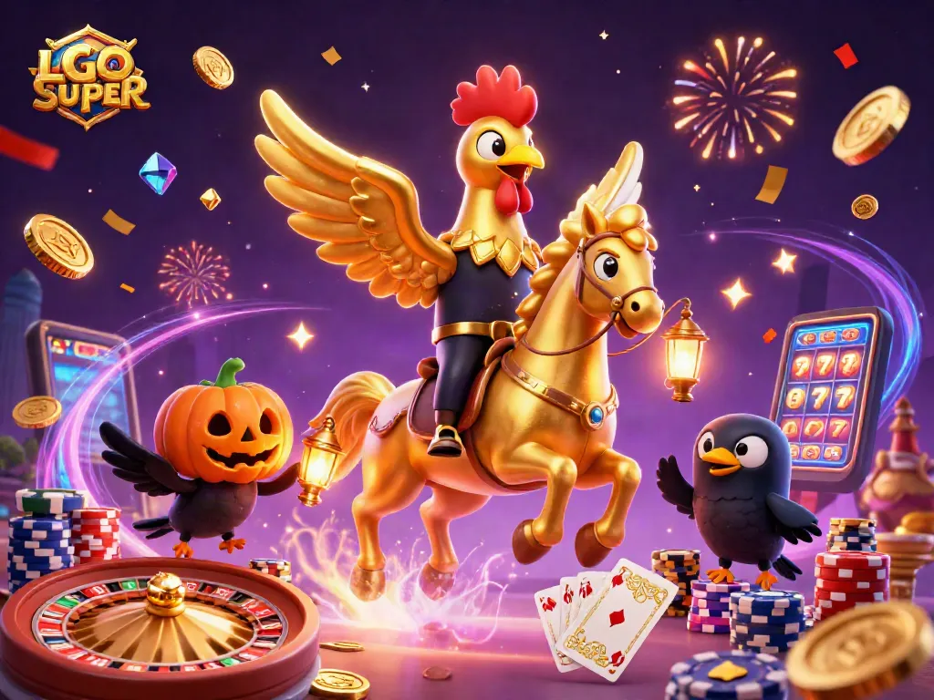 Win big at LGOSUPER with a lively casino scene showcasing characters and exciting game elements.