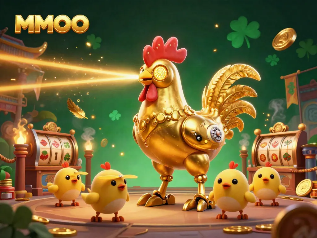 Join the fun at MMOO and experience the excitement of vibrant casino games featuring a futuristic golden rooster and baby chick drones.