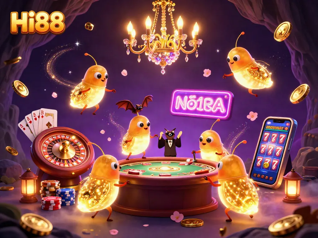 Experience thrilling gaming at Hi88 with vibrant glowworms illuminating a cave casino.