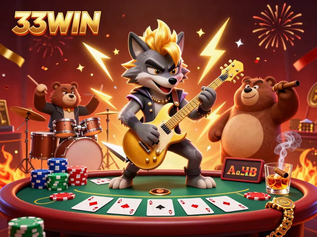 Experience the thrill of winning with 33WIN during a vibrant casino performance featuring a rock star wolf and a drummer bear.