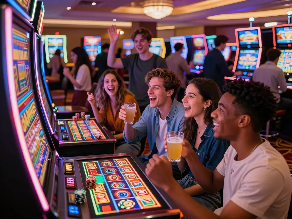 Friends celebrating a big win at a Lucky777 themed casino slot machine, vibrant atmosphere.