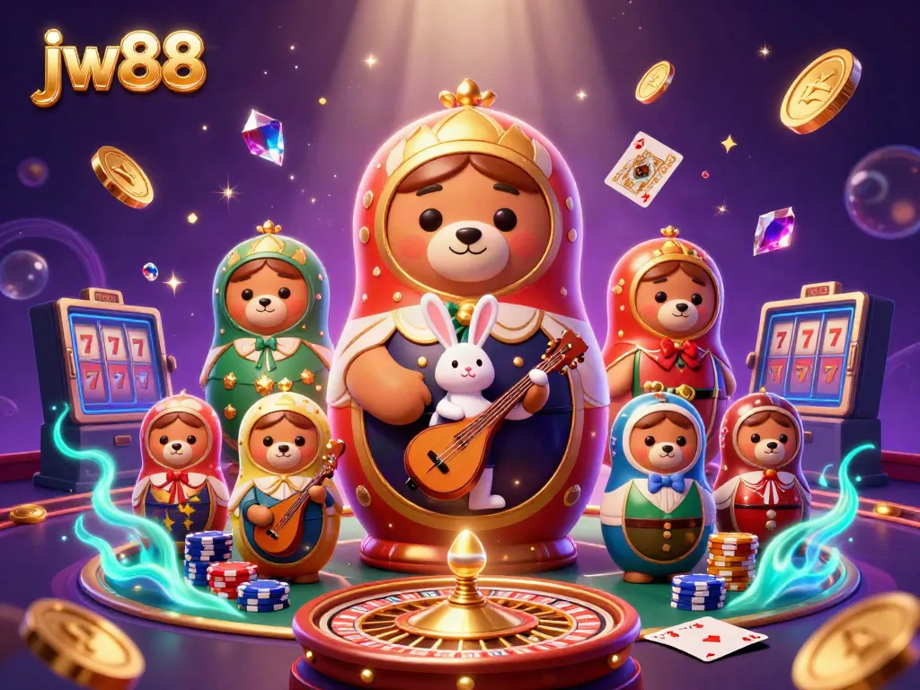 Engage in casino excitement with JW88, featuring a 3D cartoon bear and casino elements in an enchanting scene.