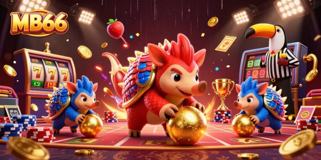 Engage in an exciting MB66 casino adventure with rival pangolins bowling through poker chips.