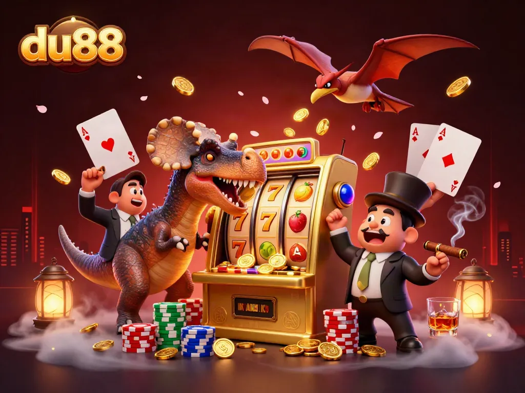 du88 casino scene with a pachycephalosaurus celebrating a jackpot payout