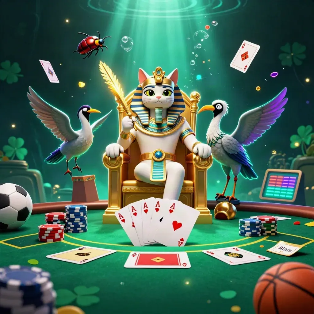 Pharaoh cat throne scene with ibis, scarabs, poker chips, cards, balls, and neon glow