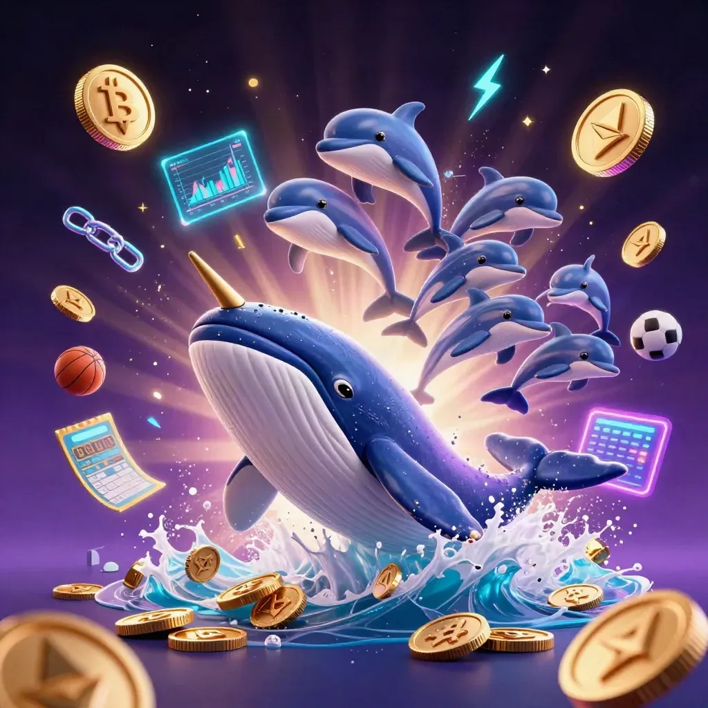 Whale captain, narwhal, and dolphins burst through neon coins in a cosmic casino scene.
