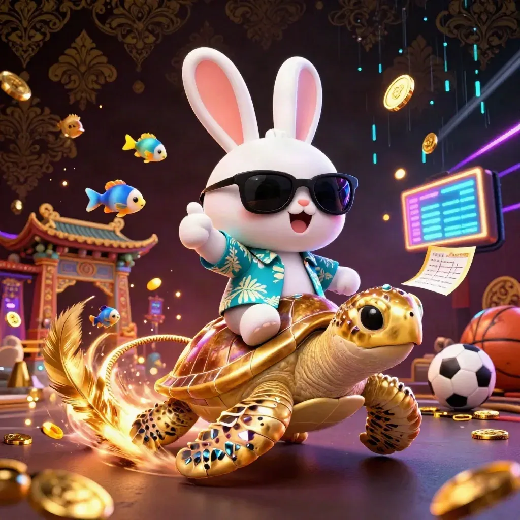 Lucky rabbit on a golden sea turtle amid neon casino chaos, coins, feathers, temple gate, and energy bolts.