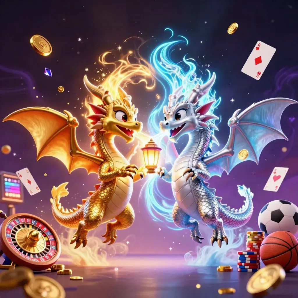 Twin gold and silver dragons in a neon casino burst with coins, cards, and cosmic light.