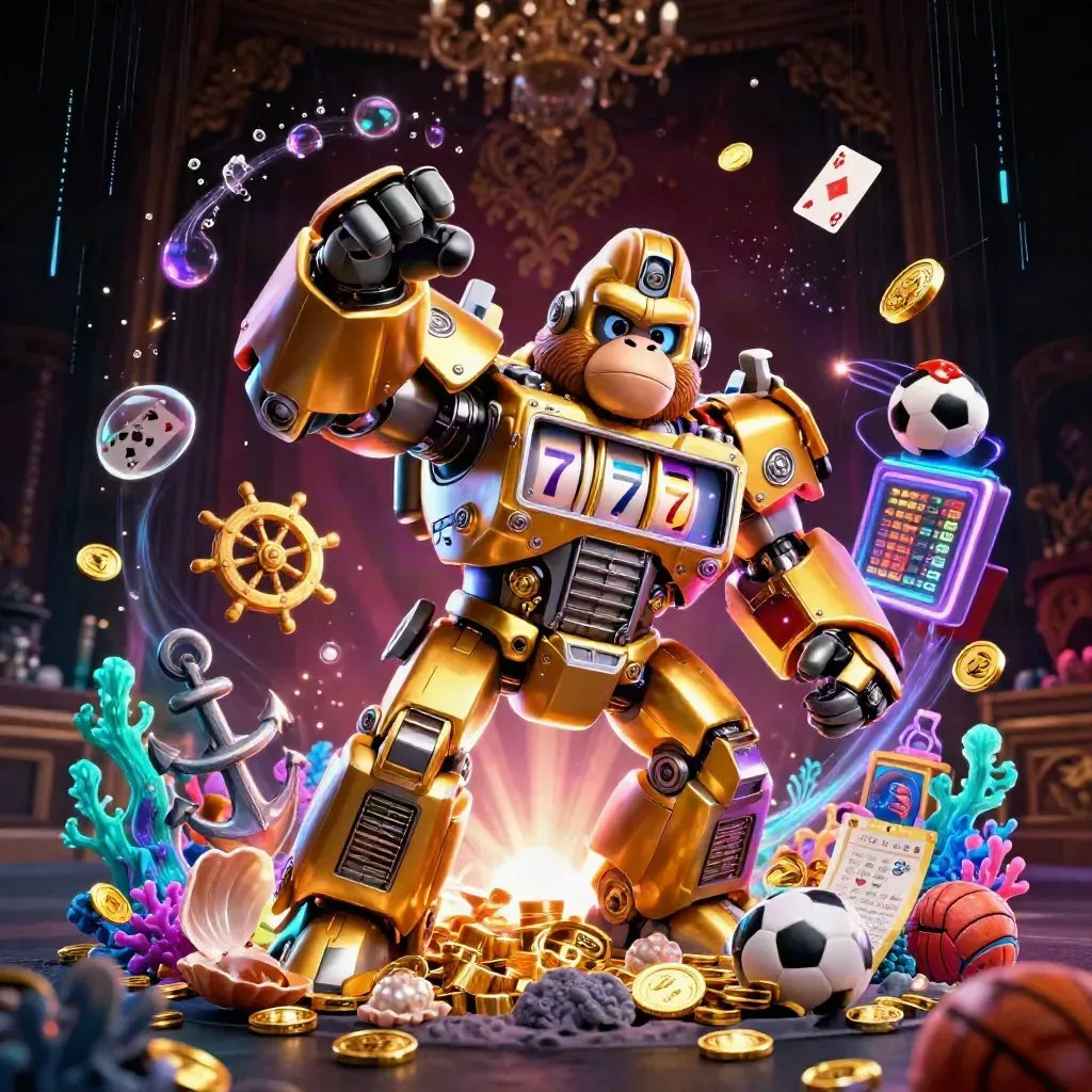 Golden gorilla mech with monkey pilot amid treasure, coral, coins, and neon casino energy