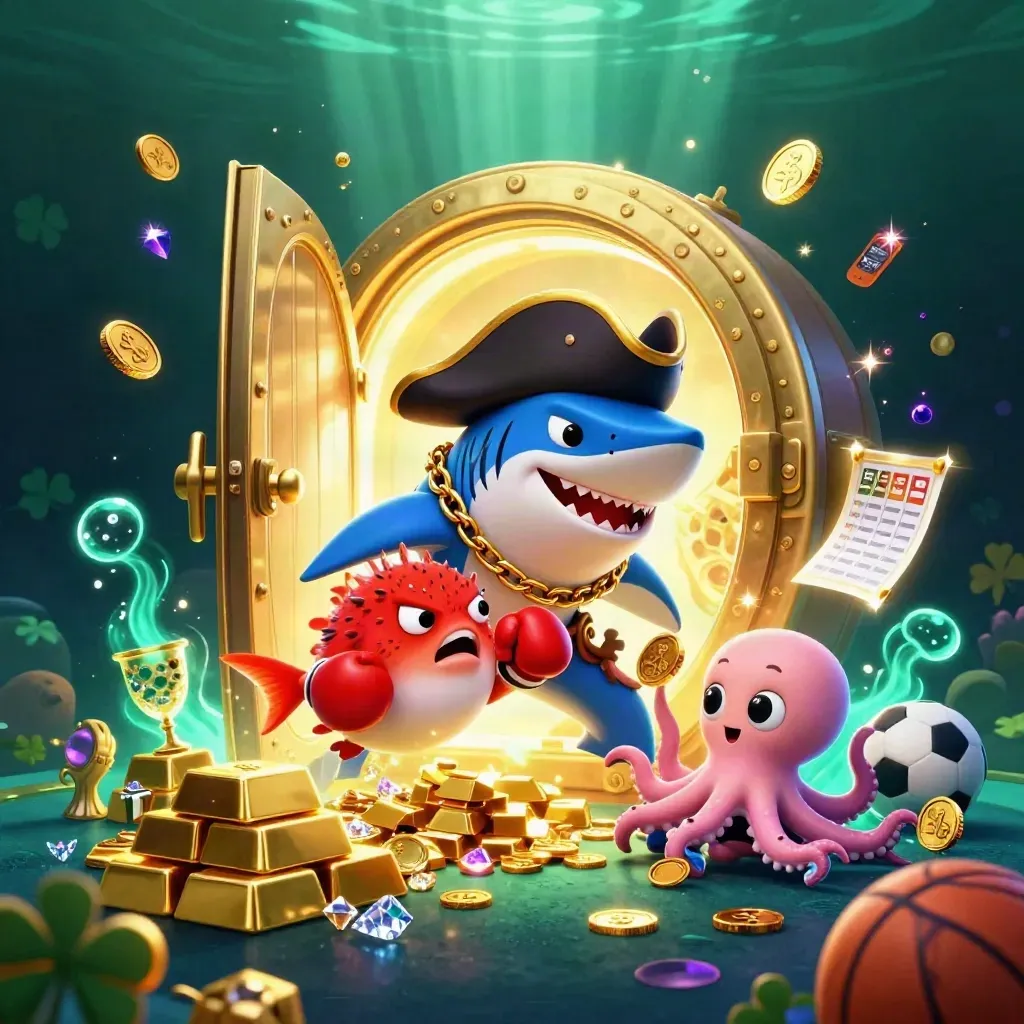 Pirate shark, boxing pufferfish, and coin-juggling octopus in a neon treasure explosion.