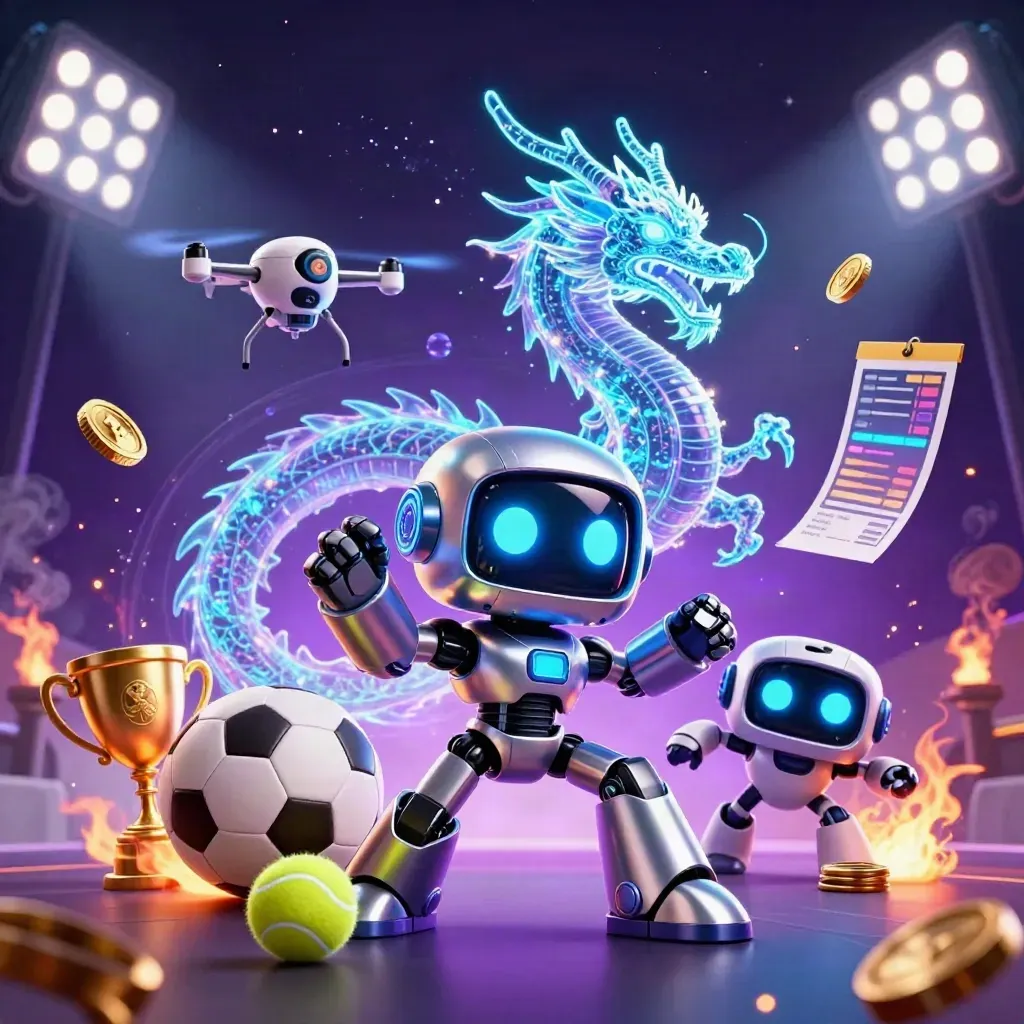 Cyberpunk robot mascot, holographic dragon, and coin drone amid flying sports balls and neon light.