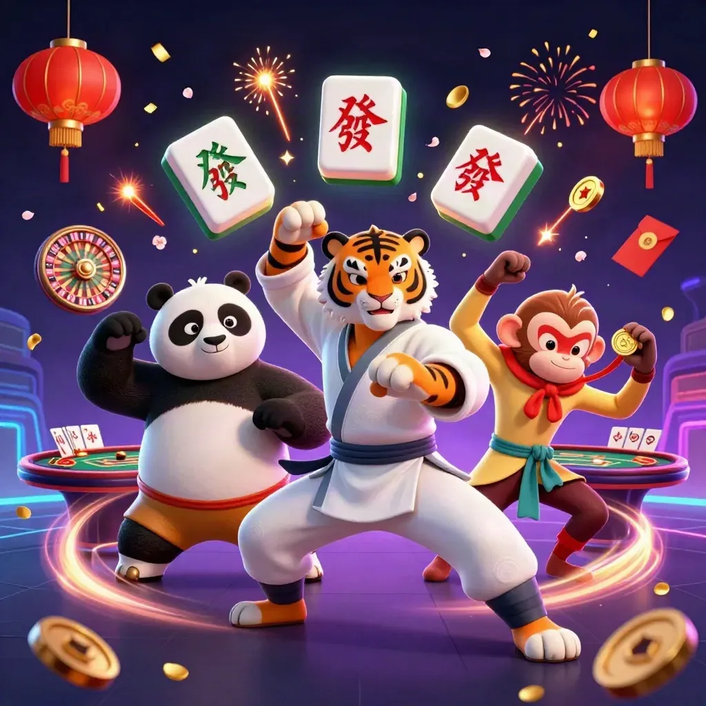 Tiger, panda, and monkey kung-fu heroes in a neon casino splash scene.